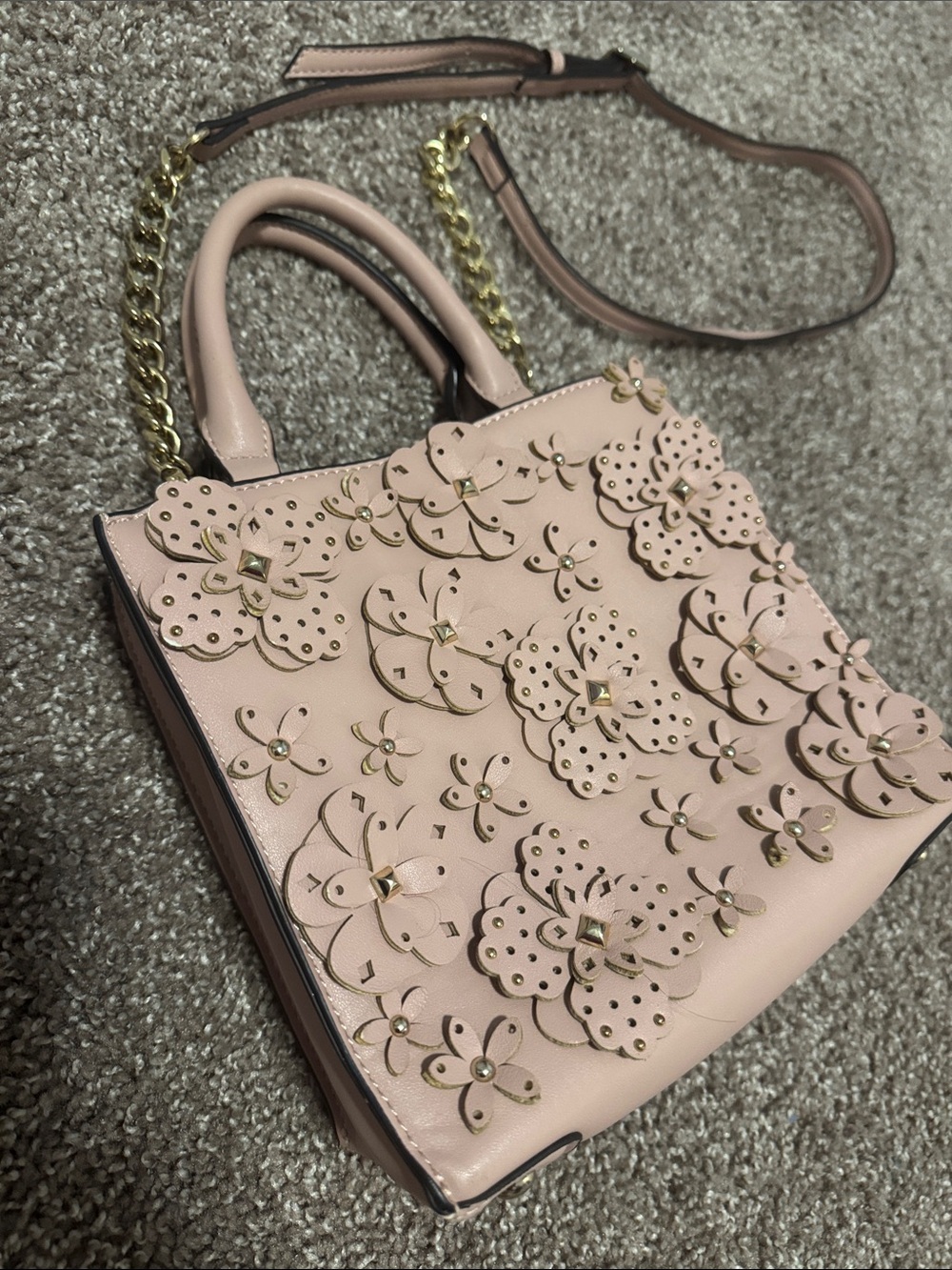 Nine West Pink Floral Mini Tote with Gold Accents